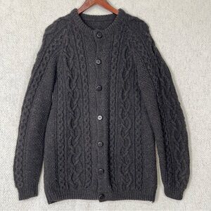 Wool Cable Knit Cardigan Sweater Mens Med Chunky Fisherman Dark Grey Heavyweight
